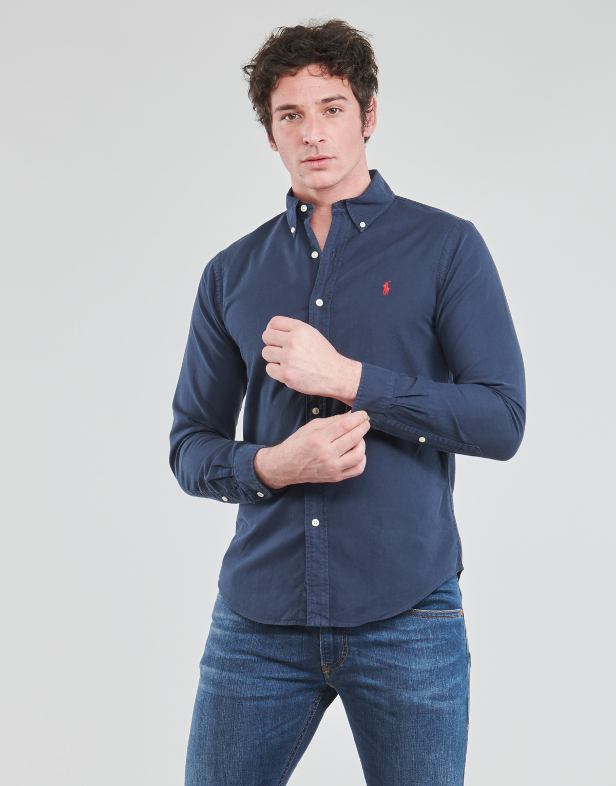 Textil Homem Mazzy button-up ribbed-knit polo top Oro Polo a coste Blu logo-embroidered long-sleeve T-shirt Marinho