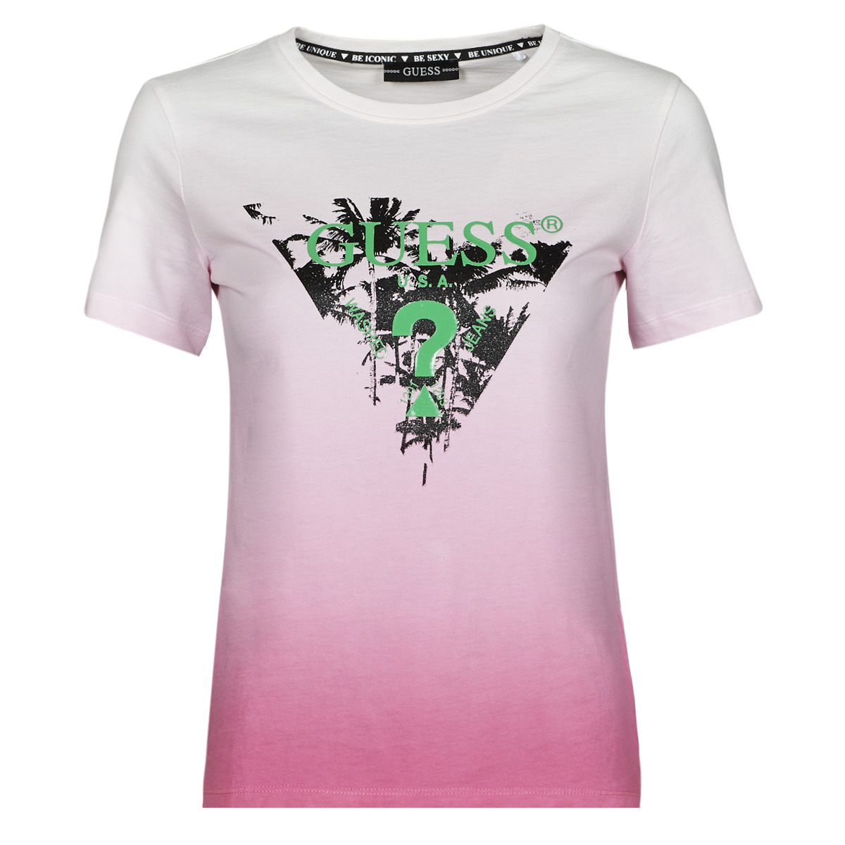 Textil Mulher T-Shirt mangas curtas swev76 Guess SS CN PALMS TEE Rosa / Multicolor