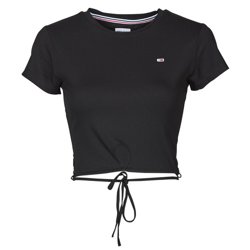 Textil Mulher Tops / Blusas About Tommy Jeans TJW CROP STRAP RIB FRONT KNOT SS Preto