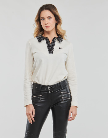 Textil Mulher Polos mangas compridas Karl Lagerfeld LONG SLEEVE BOUCLE POLO Bege / Preto