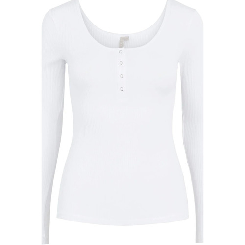 Textil Mulher T-shirt mangas compridas Pieces Camiseta blanca manga larga detalle botones de canalé Branco