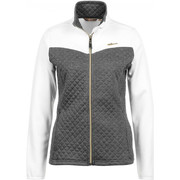 The jacket has a collared neckline and long sleeves with ribbed stretch-knit cuffs