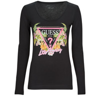 Textil Mulher T-shirt mangas compridas Guess Zanelle LS SN TRIANGLE FLOWERS TEE Preto