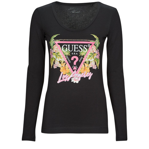 Textil Mulher T-shirt mangas compridas Guess Rose LS SN TRIANGLE FLOWERS TEE Preto