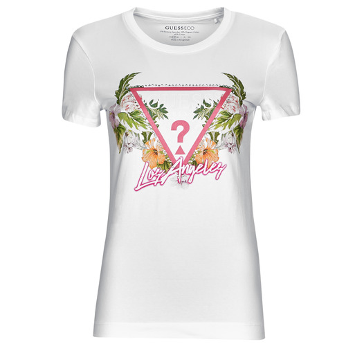 Textil Mulher Ganhe 10 euros Guess SS CN TRIANGLE FLOWERS TEE Branco