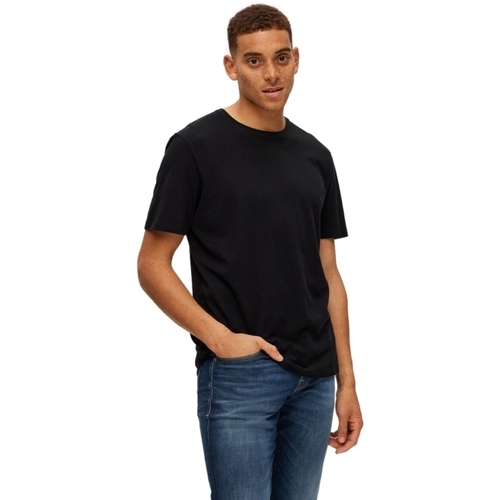 Textil Homem T-shirts e Pólos Selected Noos T-Shirt Pan Linen - Black Preto