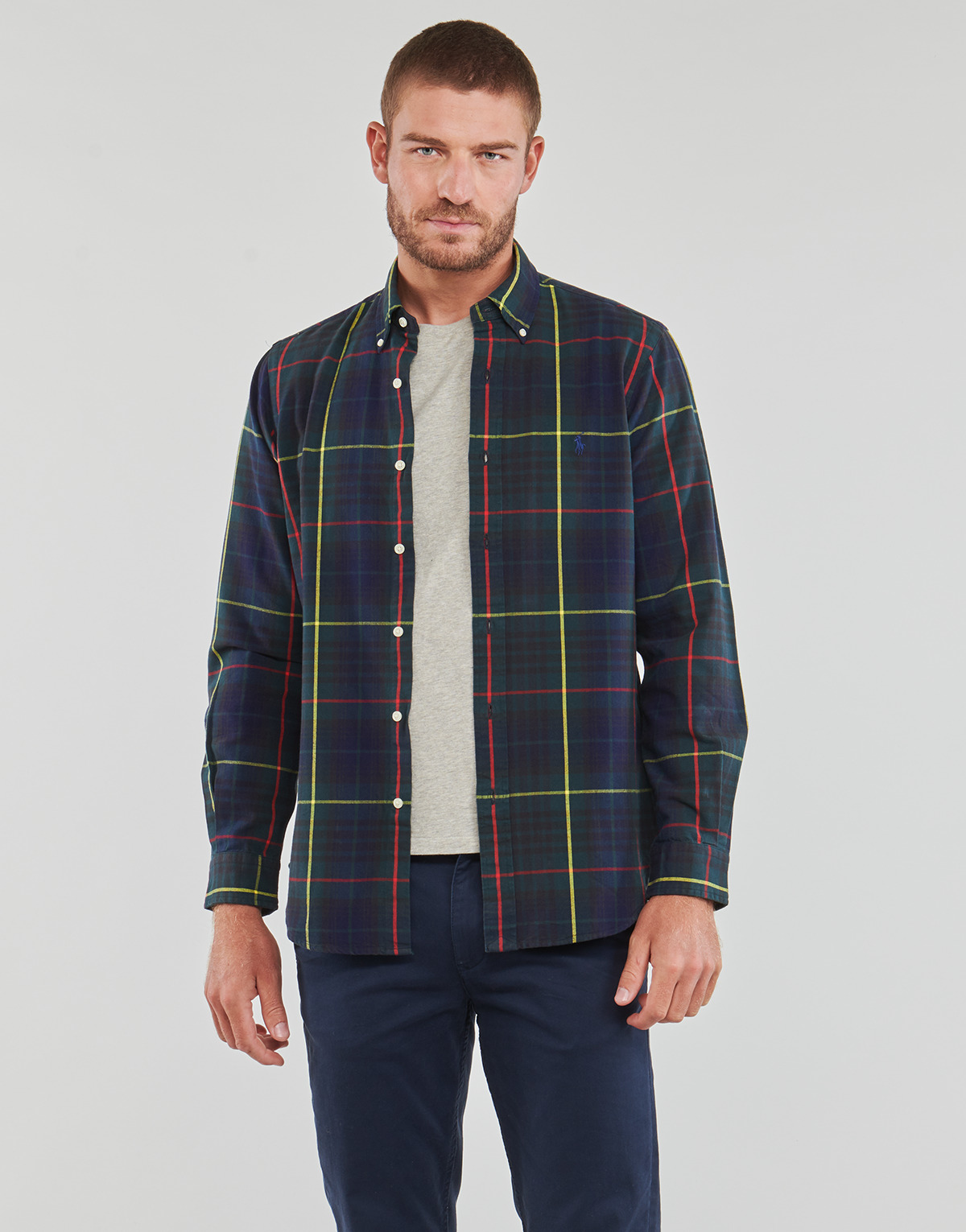 Textil Homem Camisas mangas comprida Polo Ralph Lauren CHEMISE COUPE DROITE EN OXFORD Verde / Marinho / Xadrez
