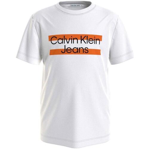 Textil Rapaz T-Shirt mangas curtas Calvin Klein Stripe JEANS  Branco