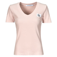 Textil Mulher T-Shirt mangas curtas Calvin Klein cotton-jersey JEANS WOVEN LABEL RIB V-NECK TEE Bege