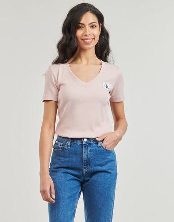 Calvin Klein Jeans WOVEN LABEL RIB V-NECK TEE Bege
