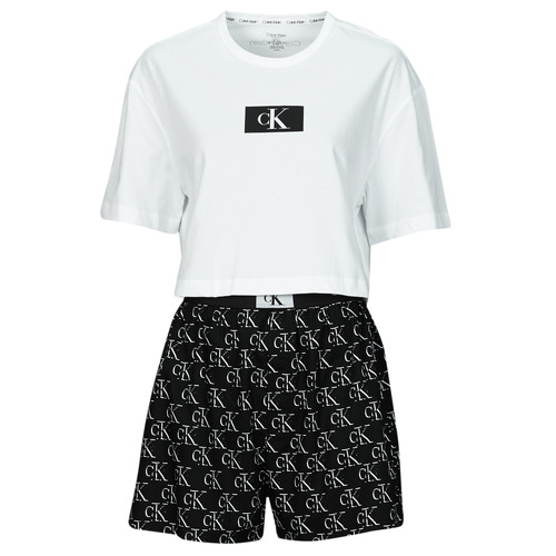 Textil Mulher Pijamas / Camisas de dormir Calvin White Klein Jeans S/S SHORT SET Preto / Branco