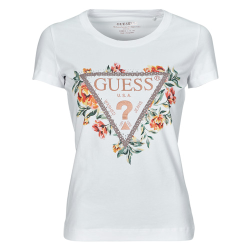 Textil Mulher T-Shirt mangas curtas Guess TRIANGLE FLOWERS Branco