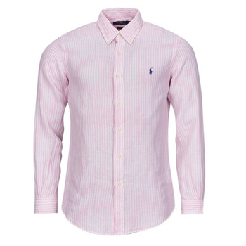 Textil Homem Camisas mangas comprida Camisa Polo Ralph Lauren CHEMISE COUPE DROITE EN LIN Rosa - branco / Rosa-branco