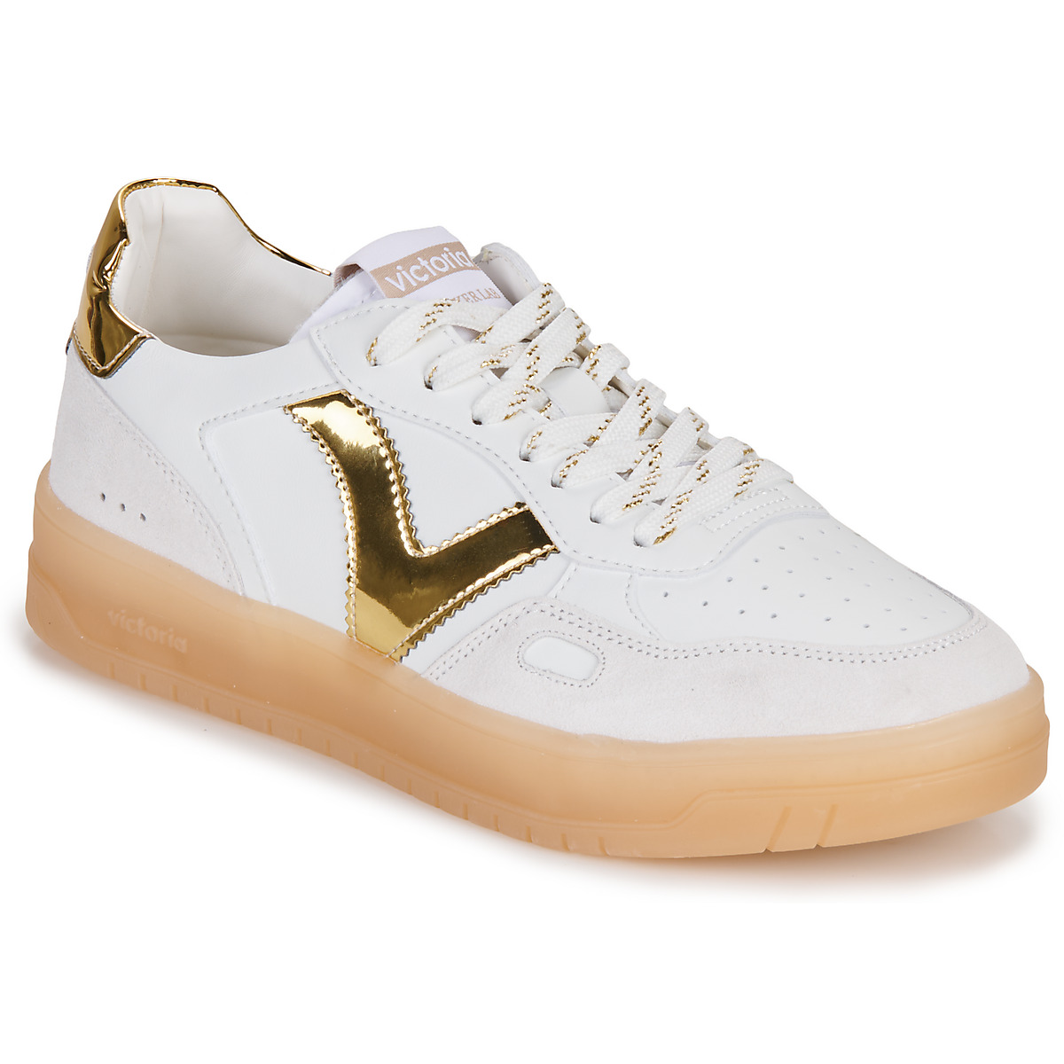 Sapatos Mulher Sapatilhas Victoria SEUL EFECTO PIEL & SERRAJE LOGO METAL Branco / Ouro