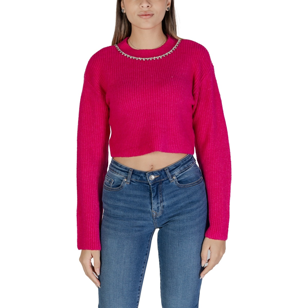 Textil Mulher camisolas Only Onlgaida Life Ls Crop Emb O-Neck Cc Knt 15324272 Vermelho