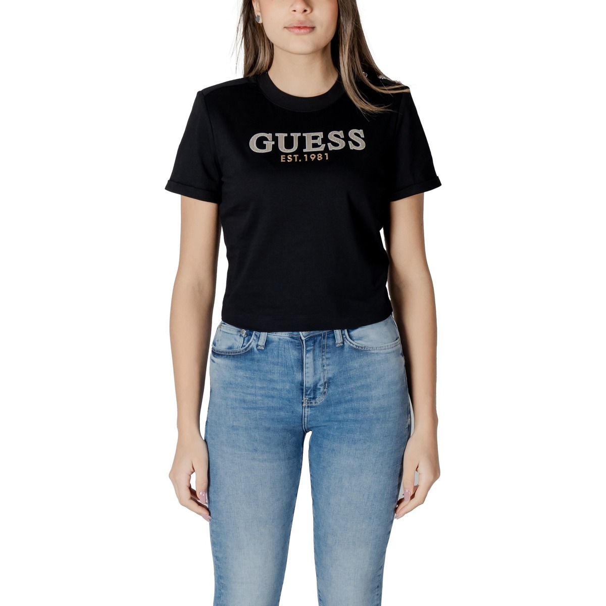 Textil Mulher T-Shirt mangas curtas Guess CN SS CROPPED WASHED W5GI15 K8FQ4 Preto