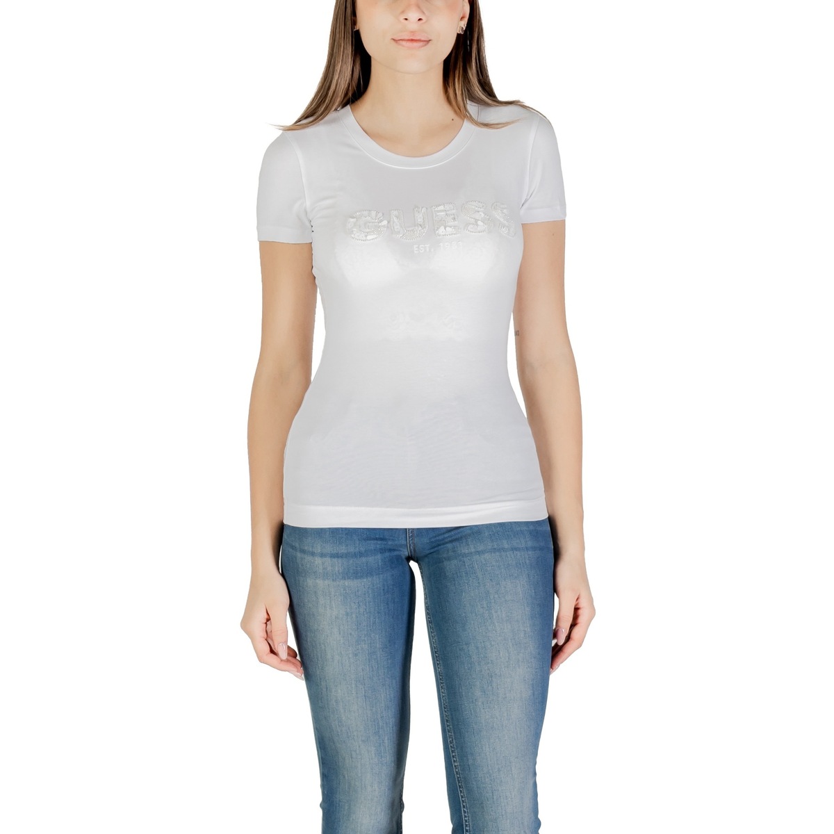Textil Mulher T-Shirt mangas curtas Guess CN SS LOGO SEGQUINS W5GI17 J1314 Branco
