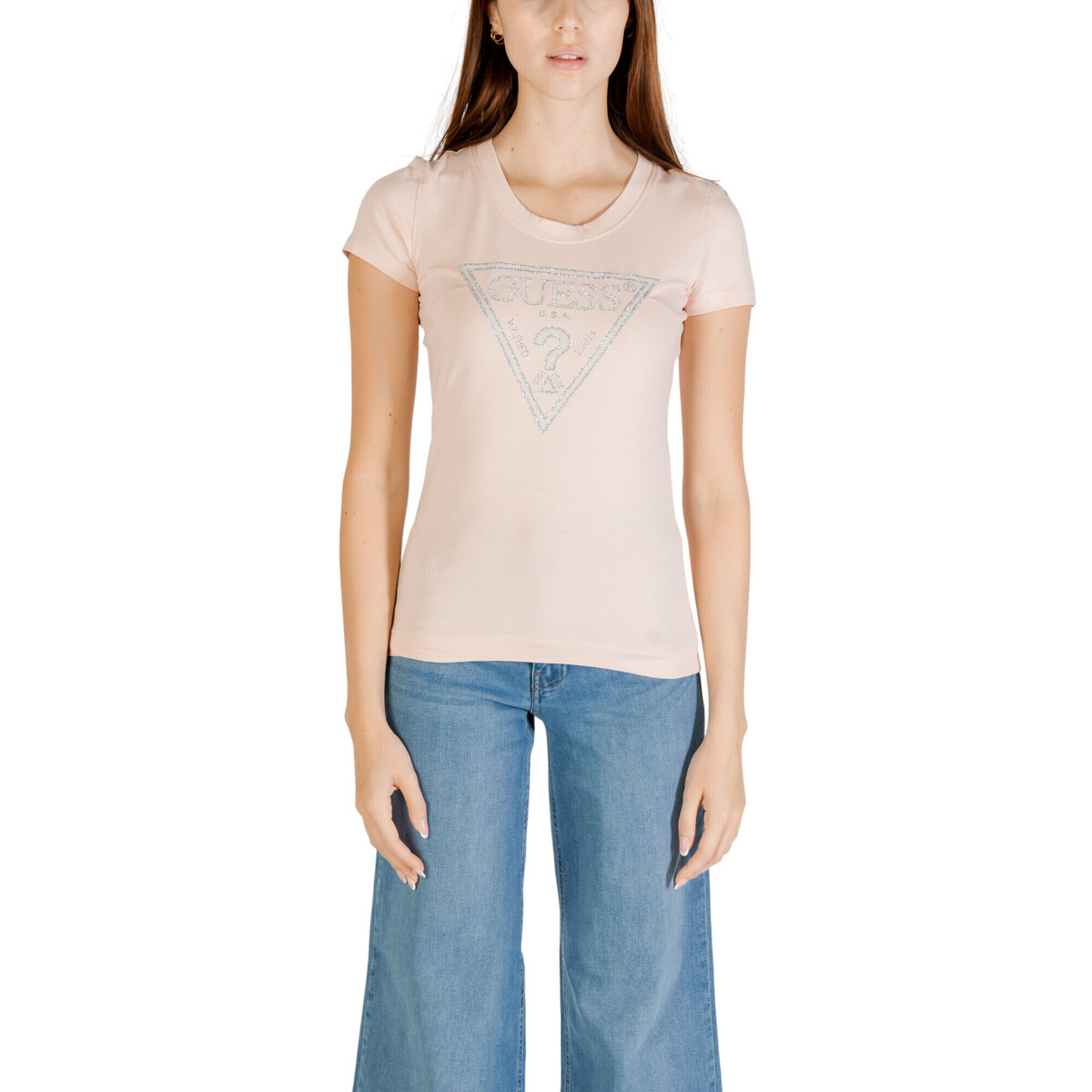 Textil Mulher T-Shirt mangas curtas Guess SS CN SHINY TRIANGLE W5RI11 J1314 Rosa